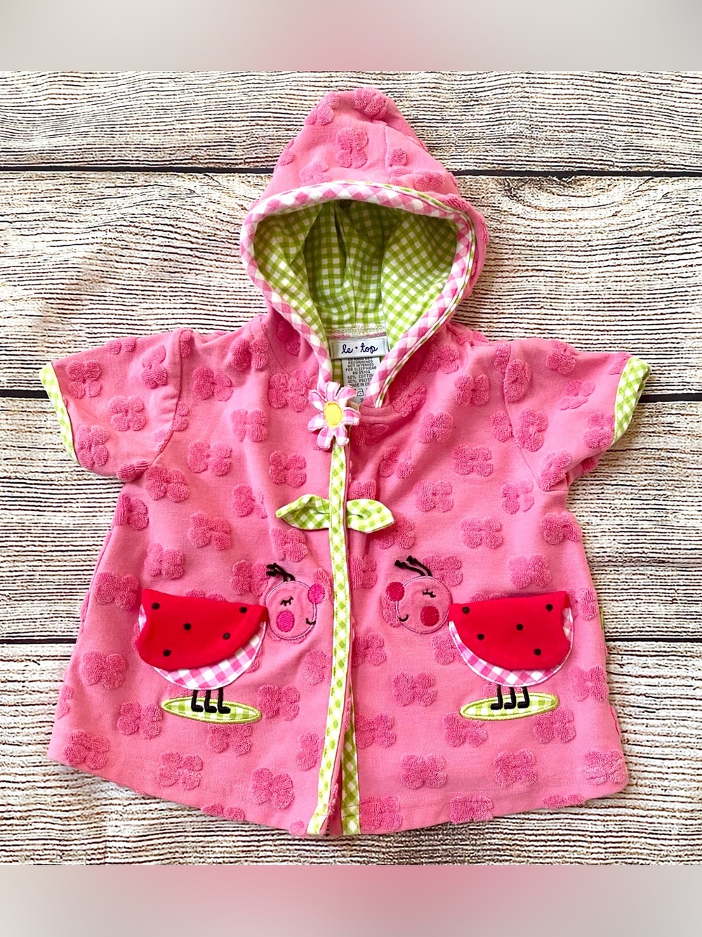 Le Top Pink Ladybug Floral & Gingham Hooded Swim Coverup Girl’s Sz 3M